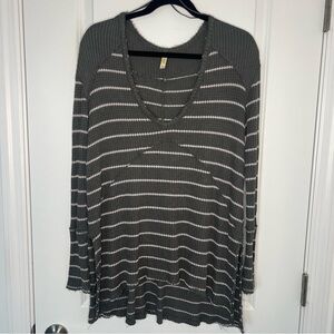 Free People Striped V-Neck Thermal Sweater - Gray & White